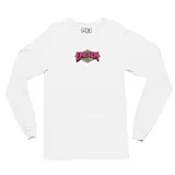 Remera de manga larga color blanco, con estampa frontal pequeña en el pecho con el logo de la marca en tonos rosa y verde, y estampa grande en la espalda con diseño gráfico inspirado en Slimer.