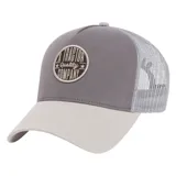 Gorro tipo trucker gris y blanco, con visera curva, malla trasera y parche circular bordado con el texto "A Tractor Quality Company" en el frente.