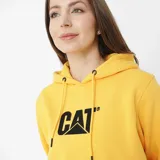 Canguro amarillo con capucha ajustable y bolsillo tipo canguro. Logo CAT estampado en negro en el pecho.