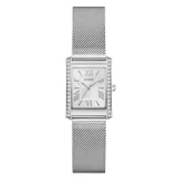 Reloj analógico Guess modelo Bonnet con caja rectangular de acero inoxidable plateado y esfera blanca con números romanos. Presenta un diseño con cristales engastados en los laterales de la caja y malla de acero tipo milanesa.