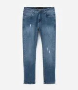 Pantalón skinny de jean nevado para hombre, confeccionado en denim de algodón con elastano. Presenta un lavado azul medio con ligeros desgastes y calce ajustado.