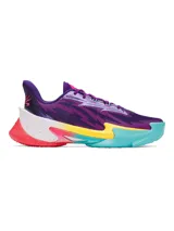 Championes de básquetbol Under Armour Curry Series 7, con diseño multicolor vibrante en tonos violeta, amarillo, turquesa y rojo. Presentan parte superior de tejido de punto ligero, amortiguación UA Flow de doble densidad para mayor rebote y suela de alto agarre para cambios de dirección rápidos.