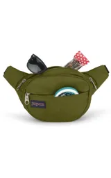 Riñonera negra de la marca JanSport, modelo Fifth Avenue, con parche frontal de la marca y cierres metálicos.