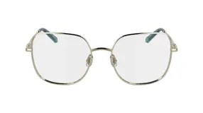 Lentes de receta Longchamp con armazón metálico en tono dorado y patillas con detalles en azul. Diseño de marco cuadrado con puente nasal ajustable.