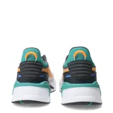 Championes Puma RS-X Hard Drive, zapatillas deportivas con diseño futurista y chunky. Combinación de colores gris claro, naranja vibrante, azul verdoso (teal) y azul oscuro. La capellada es de malla y gamuza sintética, con entresuela voluminosa blanca.