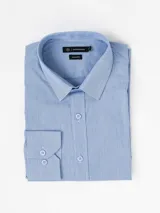 Camisa de vestir manga larga en color azul con un sutil patrón de micro rayas verticales. Presenta cuello clásico, cierre frontal con botones y puños con doble botón.