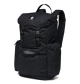 Mochila Columbia de 28 litros, color negro, con compartimento para computadora portátil, espalda acolchada, bolsillos laterales con cierre y correas ajustables.