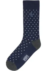 Medias de caña media color azul marino con estampado de lunares grises, talón y puntera en gris oscuro, y logo de la marca Penguin bordado.