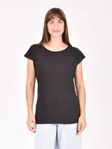 Remera básica negra de manga corta con cuello redondo y corte ajustado al cuerpo.