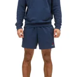 Short deportivo azul marino de felpa francesa, con corte cuadrado y logo de New Balance bordado en rojo en la pierna izquierda.