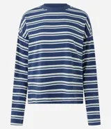 Remera de manga larga con cuello redondo, confeccionada en tejido de algodón y poliéster. Presenta un diseño de rayas horizontales en tonos azul, blanco y verde.