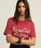 Remera de algodón color ladrillo con cuello redondo y mangas cortas. Estampado frontal con la frase "It's Not Me It's You" en letras cursivas blancas.