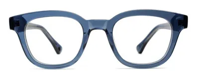 Armazón de receta unisex de acetato color azul índigo, con forma panto, monturas gruesas, lentes de 49 mm de ancho y patillas antideslizantes con núcleo de metal plateado.