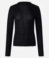 Suéter de punto de la marca Cortelle, con cuello redondo, mangas largas y diseño de rayas verticales texturizadas con hilos metalizados incorporados.