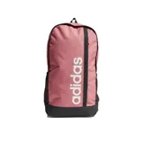 Mochila Adidas color rosa con base negra y logo vertical blanco. Cuenta con un compartimento principal con separador interior, bolsillo frontal con cierre, bolsillo lateral de malla y correas acolchadas ajustables.