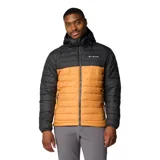 Campera puffer con capucha, diseño bicolor en negro y mostaza, con cierre frontal, bolsillos laterales con cierre y puños elásticos.