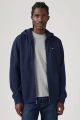 Buzo hoodie Levi's azul marino con cierre frontal, capucha con cordón ajustable, bolsillos tipo canguro y logo pequeño en el pecho.