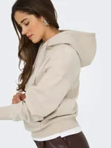 Canguro con capucha de calce holgado, color beige, con bolsillo frontal tipo canguro, mangas largas y puños acanalados.