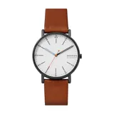 Reloj Skagen Signatur con caja redonda de acero inoxidable color negro, esfera blanca con indicadores de hora en negro y correa de cuero marrón.