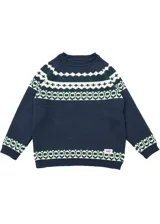 Sweater azul marino tejido en lana y acrílico con diseño geométrico en blanco y verde.