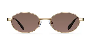 Lentes de sol con montura ovalada de acero inoxidable en color dorado y cristales polarizados en tono marrón. Presentan un diseño minimalista con patillas de acetato negro.