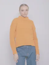 Sweater tejido de punto color naranja, con cuello alto y mangas largas.