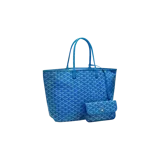 Bolso tipo tote Goyard Saint Louis PM de color azul, con el icónico estampado chevron y asas dobles finas. Incluye un pequeño monedero o neceser desmontable con solapa y cierre de botón a presión.