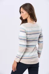 Remera de algodón de manga larga con escote redondo y estampado de rayas horizontales en tonos rosado, gris y beige.