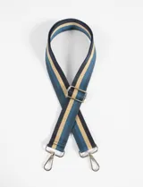 Correa de poliéster para cartera con franjas horizontales en azul marino, azul y beige.