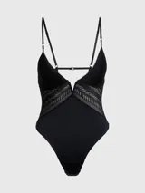 Body negro confeccionado en microfibra y encaje transparente, con escote en V profundo, tirantes ajustables y diseño de colaless.