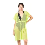 Kimono de playa calado tipo red color amarillo flúor, con cordón ajustable en la cintura y borlas decorativas.