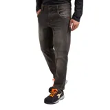 Pantalón de jean en tono gris oscuro con efecto desgastado y costuras en color naranja contrastante. Presenta un corte recto y bolsillos laterales.
