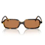 Lentes de sol Miu Miu con armazón rectangular de acetato con patrón carey en tonos marrones y amarillos, y cristales tintados en color marrón claro.