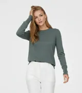 Suéter de punto fino color verde grisáceo (Abyss Melange) con cuello redondo y manga larga con botones en los puños.