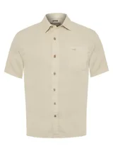 Camisa de manga corta RKF de tencel color marrón claro, con corte regular fit, botones frontales claros, bolsillo en el pecho con el logo del pato bordado al tono y cuello clásico.