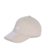 Gorra de béisbol Adidas color beige, con el logo de la marca bordado en blanco en el frente y las tres tiras características sobre la visera precurvada.