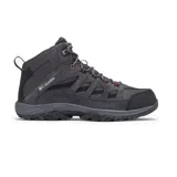 Championes de trekking Columbia modelo Crestwood Mid Waterproof, color gris oscuro. Diseño de caña media con combinación de malla y gamuza, suela de goma con relieve para mayor tracción y cordones con detalles en rojo.