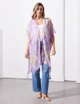 Kimono abierto con diseño de estampado marmolado en tonos violeta, lila y beige, confeccionado en tejido ligero y fluido.