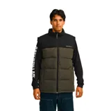 Chaleco acolchado Caterpillar con diseño bicolor en negro y verde oliva. Presenta cierre frontal completo, cuello alto, bolsillos laterales con cierre y logo de la marca estampado en el pecho.