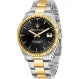 Reloj Maserati para hombre, modelo Competizione, con caja de acero plateado de 43mm de diámetro, bisel dorado, esfera negra con logo y agujas doradas, indicador de fecha y cristal mineral con lupa. Correa de acero plateado y dorado. Resistente al agua hasta 100 metros.
