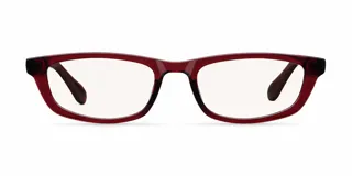 Lentes con filtro de luz azul y protección UV400, con montura rectangular de material bio-based en color bordó traslúcido.