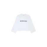 Remera de manga larga blanca de la marca Eme Studios, con corte holgado y diseño minimalista. Presenta un estampado gráfico frontal en color negro con el logotipo de la marca.