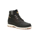 Bota de caña media Caterpillar modelo Charli, confeccionada en cuero nobuk texturizado color negro. Presenta cuello acolchado en tejido gris, cierre mediante cordones con ganchos metálicos y suela de goma con entresuela blanca contrastante.