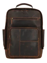 Mochila de cuero marrón con acabado envejecido, compartimento principal con cierre, múltiples bolsillos frontales con cierre, asa superior y bolsillos laterales.