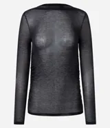 Blusa de manga larga con transparencia, confeccionada en viscosa y elastano. Presenta un diseño ajustado al cuerpo, cuello redondo y textura sutil, ideal para usar en capas.