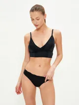 Bralette de encaje negro con diseño de escote en V, con banda inferior ancha y tirantes ajustables.