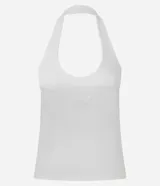 Blusa negra de punto roma, con diseño de cuello halter y espalda descubierta.