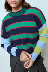 Sweater de punto con diseño de franjas horizontales multicolores en tonos verde, azul marino, rojo y celeste. Presenta cuello redondo y mangas largas con puños acanalados.