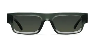 Lentes de sol rectangulares color verde oliva con lentes polarizadas verdes.