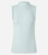Blusa sin mangas de viscosa color salmón, con cuello alto y diseño ajustado de textura acanalada.